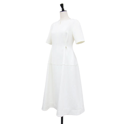 24春夏 ハーフスリーブ ポンチ ワンピース / ドレス 半袖 ミモレ丈 ロング丈 ボートネック ランタンシルエット フレア ストレッチ ウォッシャブル