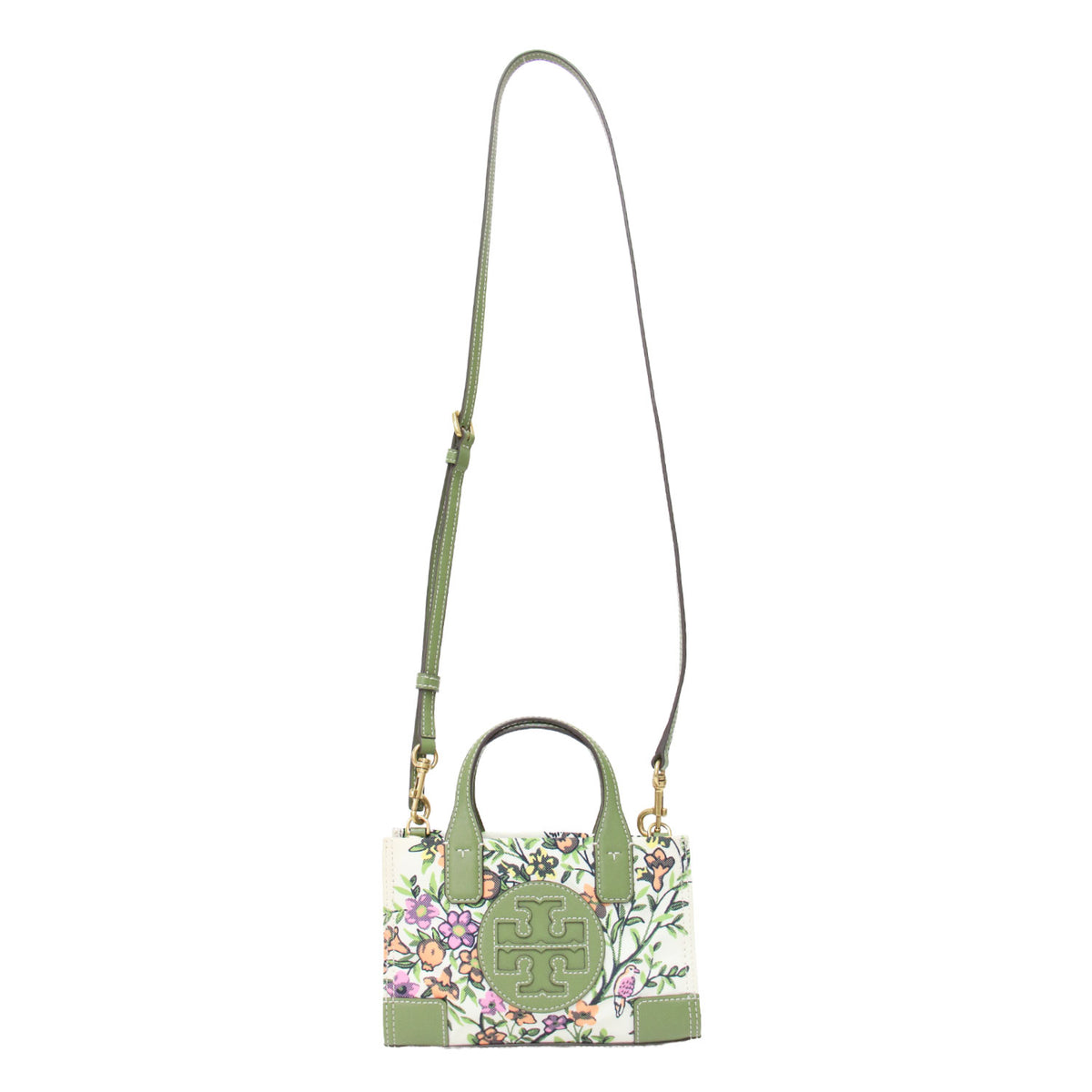 フラワープリント マイクロトート / ELLA ポシェット ダブルハンドル ショルダー クロスボディ 2WAY 花柄 エンブレム ステッチ レザー ナイロン
