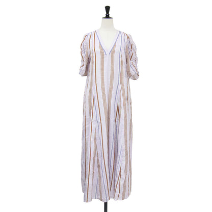 25春夏 コットンボイル ギャザー スリーブ ドレス / Cotton Voile Gather Sleeve Dress ワンピース ロング 半袖 Vネック フレア ストライプ柄
