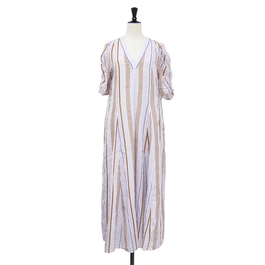 25春夏 コットンボイル ギャザー スリーブ ドレス / Cotton Voile Gather Sleeve Dress ワンピース ロング 半袖 Vネック フレア ストライプ柄