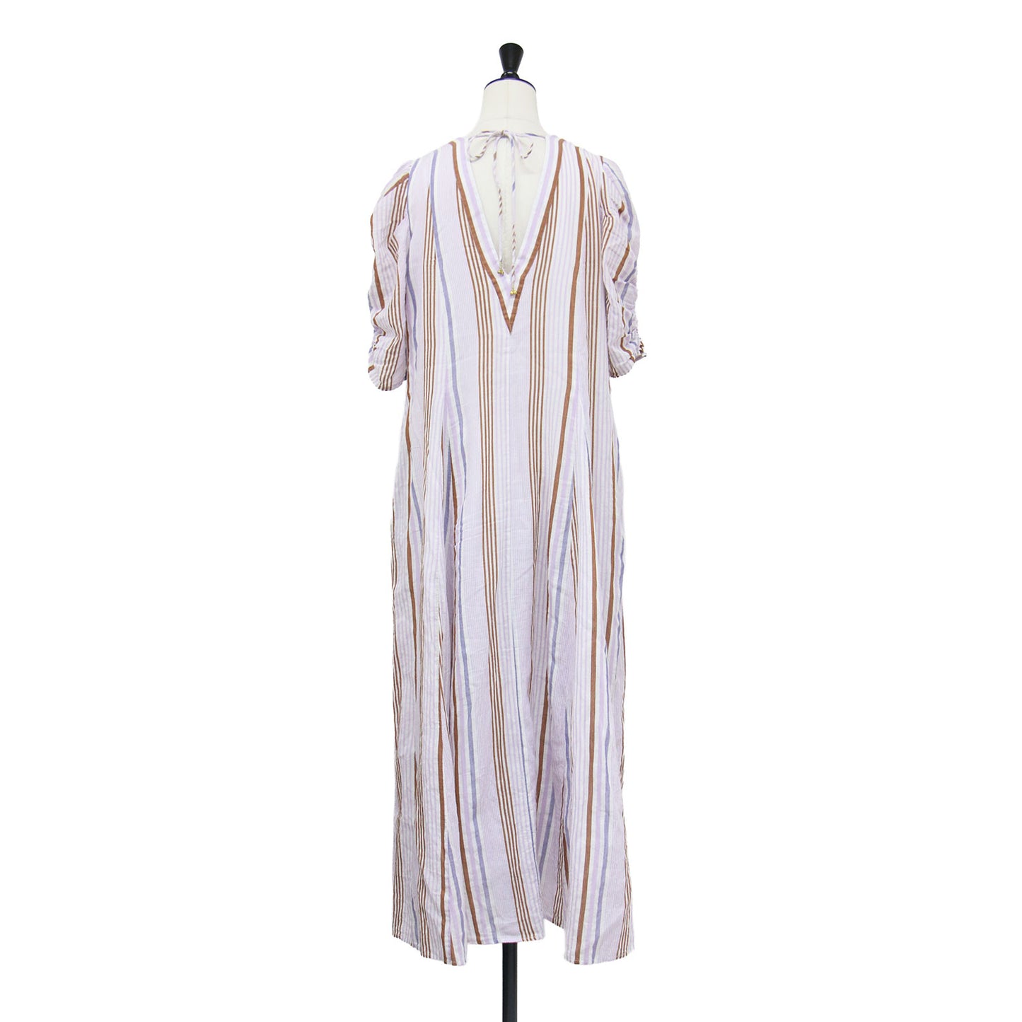 25春夏 コットンボイル ギャザー スリーブ ドレス / Cotton Voile Gather Sleeve Dress ワンピース ロング 半袖 Vネック フレア ストライプ柄
