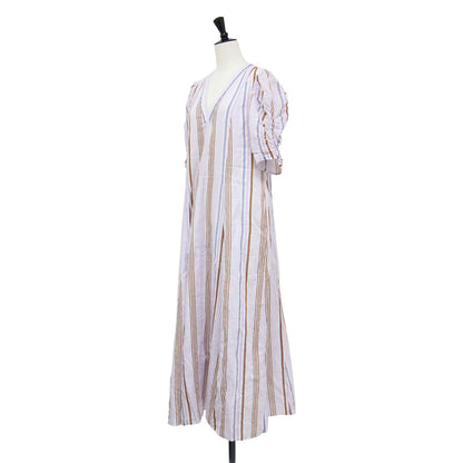 25春夏 コットンボイル ギャザー スリーブ ドレス / Cotton Voile Gather Sleeve Dress ワンピース ロング 半袖 Vネック フレア ストライプ柄