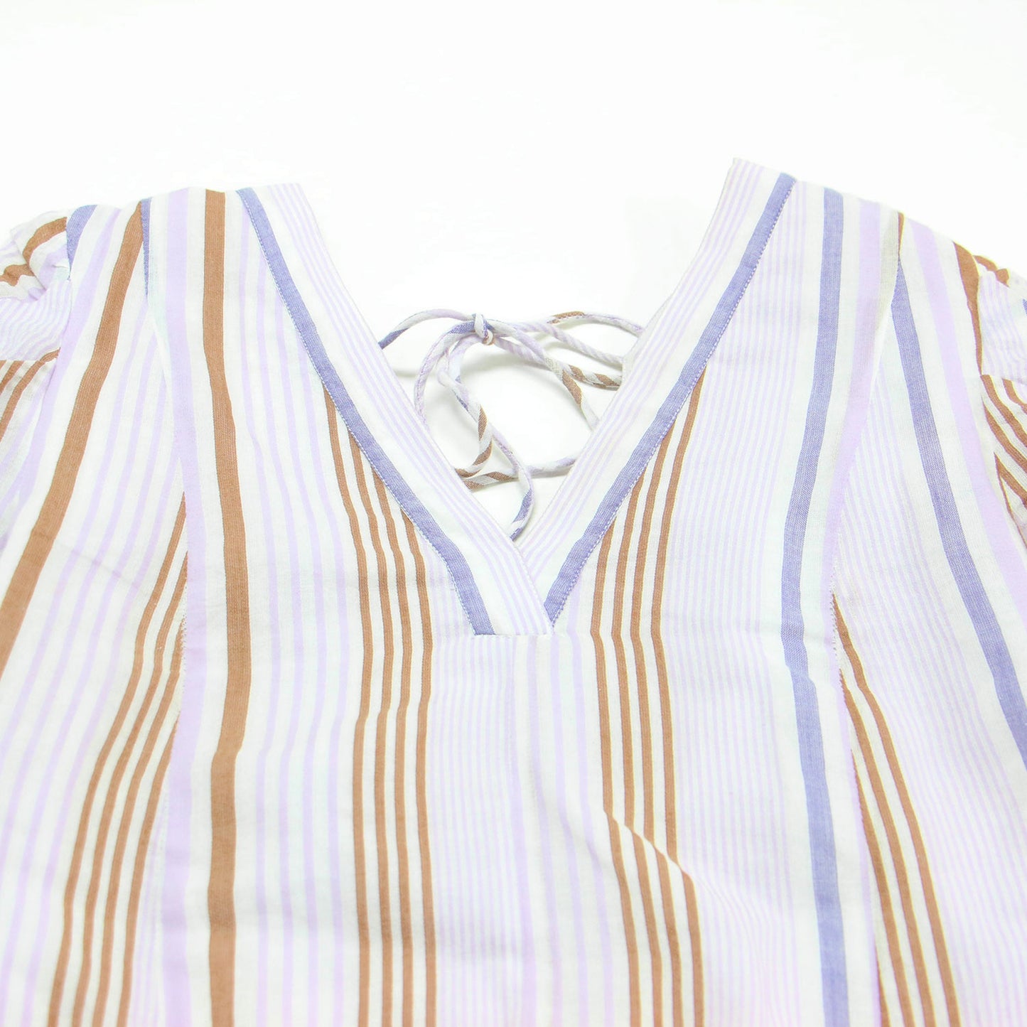 25春夏 コットンボイル ギャザー スリーブ ドレス / Cotton Voile Gather Sleeve Dress ワンピース ロング 半袖 Vネック フレア ストライプ柄