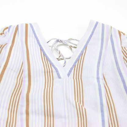 25春夏 コットンボイル ギャザー スリーブ ドレス / Cotton Voile Gather Sleeve Dress ワンピース ロング 半袖 Vネック フレア ストライプ柄