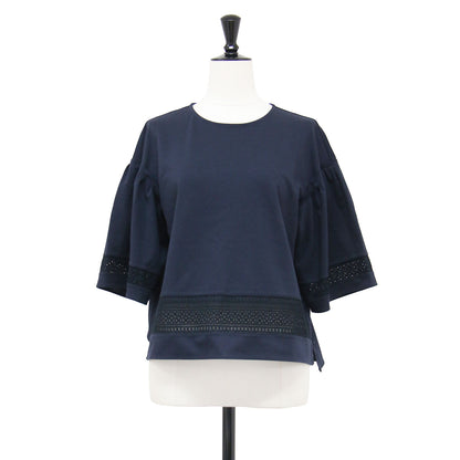 レースコンビ 五分袖 カットソー / Tシャツ クルーネック タックスリーブ コットン