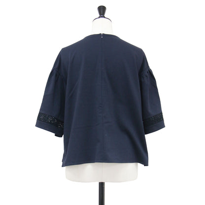 レースコンビ 五分袖 カットソー / Tシャツ クルーネック タックスリーブ コットン