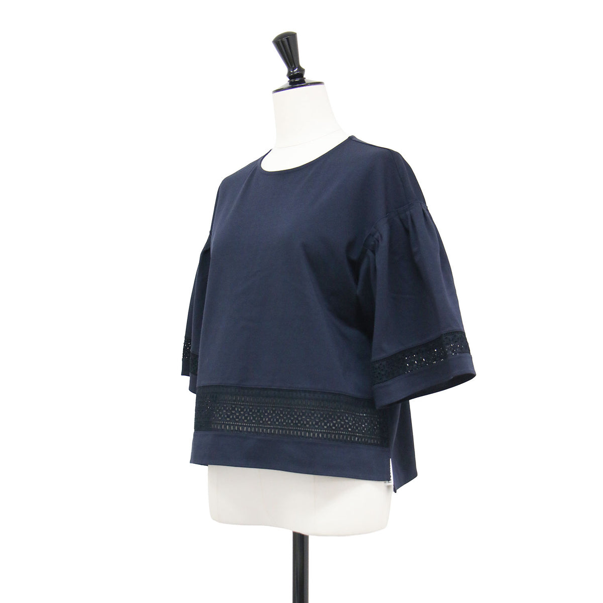 レースコンビ 五分袖 カットソー / Tシャツ クルーネック タックスリーブ コットン