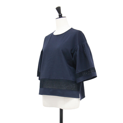 レースコンビ 五分袖 カットソー / Tシャツ クルーネック タックスリーブ コットン