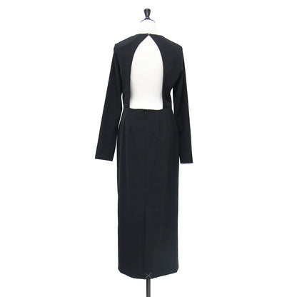 25秋冬 バックオープン ワンピース / ドレス 長袖 ロング丈 マキシ丈 クルーネック バックシャン タイト Iライン スリット ストレッチ