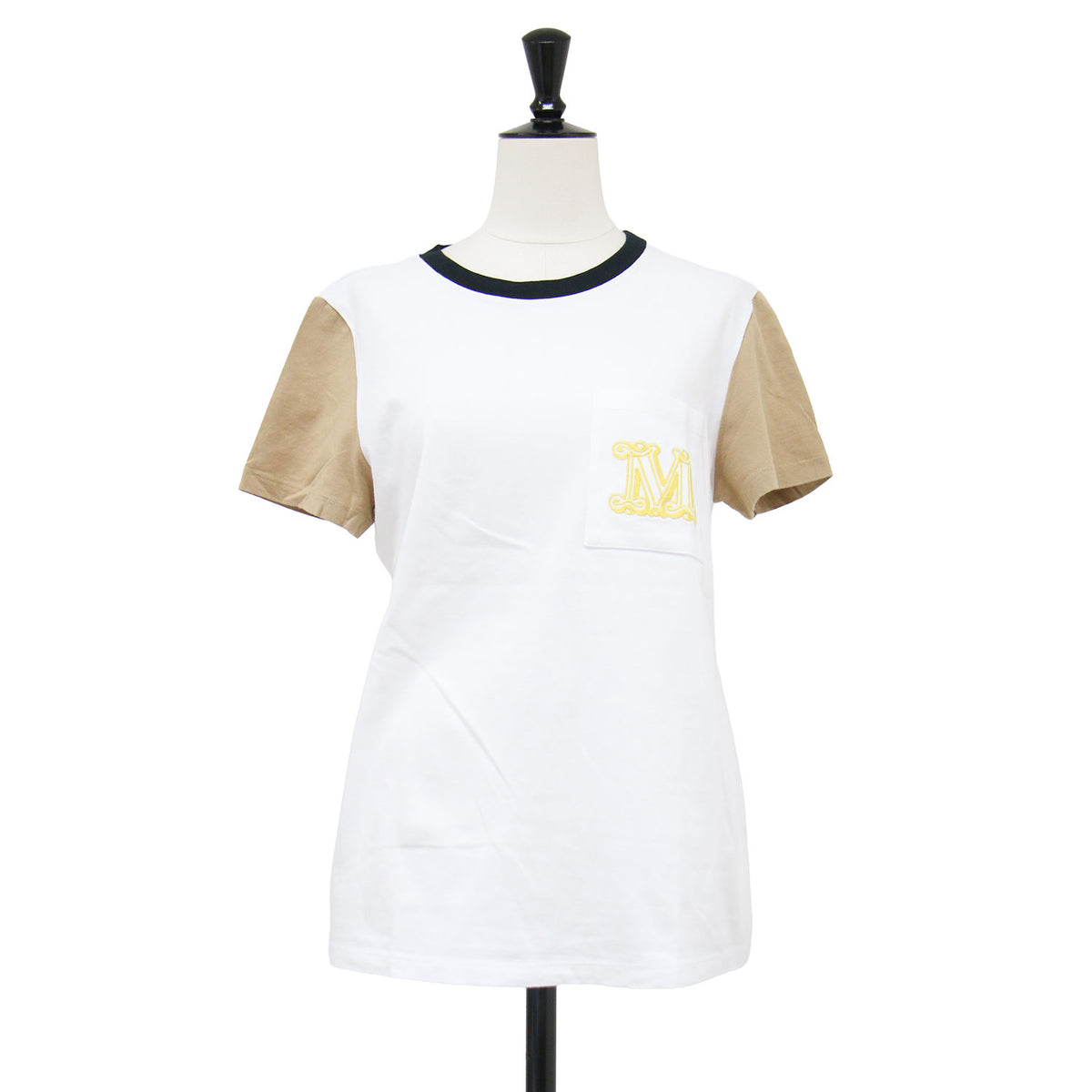 Mロゴ刺繍トリムＴシャツ / プルオーバー ラウンドネック 半袖 エンブレム ウォッシャブル