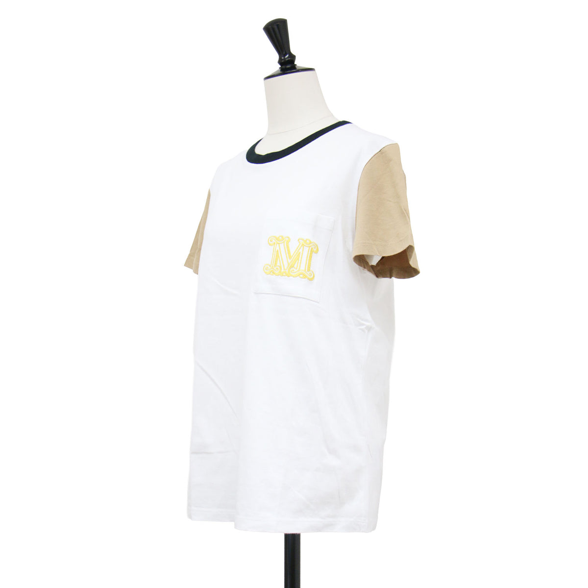 Mロゴ刺繍トリムＴシャツ / プルオーバー ラウンドネック 半袖 エンブレム ウォッシャブル