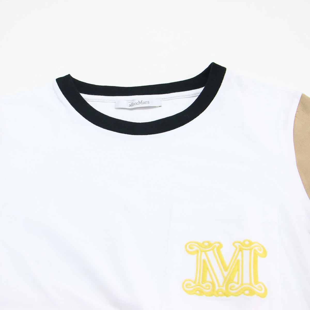 Mロゴ刺繍トリムＴシャツ / プルオーバー ラウンドネック 半袖 エンブレム ウォッシャブル