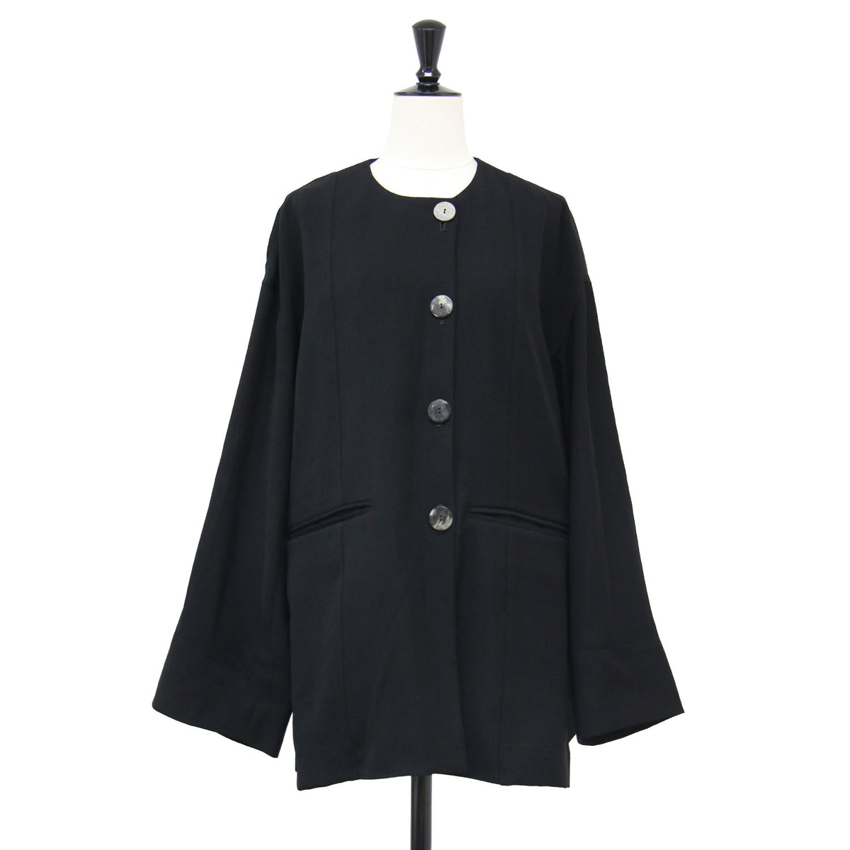 25春夏 ダブル ボックス ジャケット/ DOUBLE BOX JACKET 羽織り フレア クルーネック テーラーカラー 2WAY ボタン ステッチ 微光沢 ストレッチ ウォッシャブル
