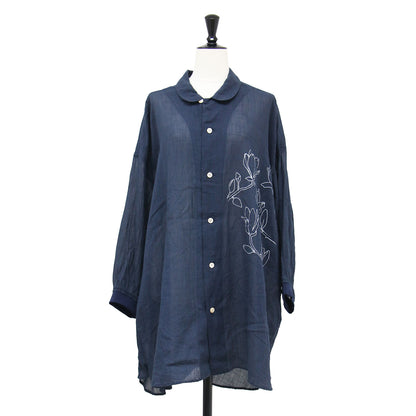 25秋冬 コットン リネン ローン モクレンプリント シャツ / ブラウス 長袖 フラワー ワイド チュニック丈 ドロップショルダー