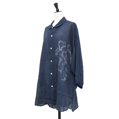 25秋冬 コットン リネン ローン モクレンプリント シャツ / ブラウス 長袖 フラワー ワイド チュニック丈 ドロップショルダー