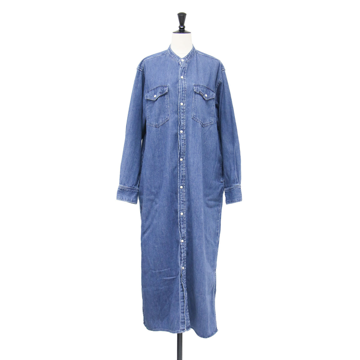 バンドカラー シャツドレス / BAND COLLAR SHIRTS DRESS ワンピース 羽織り ロング丈 Iライン 長袖 サイドスリット スナップボタン コットン ウォッシャブル
