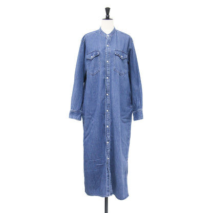バンドカラー シャツドレス / BAND COLLAR SHIRTS DRESS ワンピース 羽織り ロング丈 Iライン 長袖 サイドスリット スナップボタン コットン ウォッシャブル