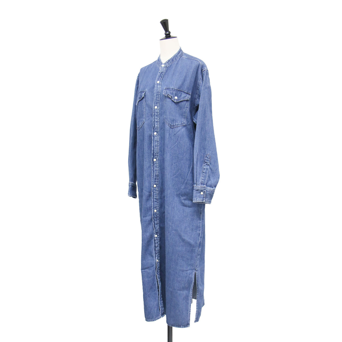 バンドカラー シャツドレス / BAND COLLAR SHIRTS DRESS ワンピース 羽織り ロング丈 Iライン 長袖 サイドスリット スナップボタン コットン ウォッシャブル