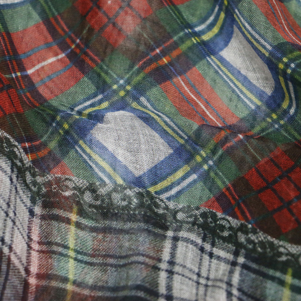 チャーリー チェック ストール / Charlie 大判 パッチワーク 切り替え タータンチェック 千鳥格子 フリンジ カシミヤ モダール