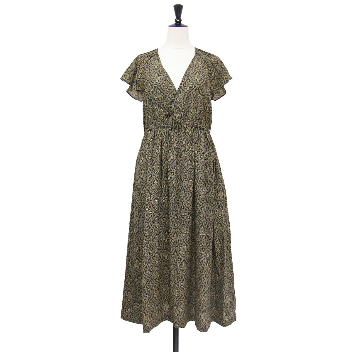 23春夏 レーヨン プリント バタフライスリーブワンピース / ドレス 半袖 Vネック ラグラン ロング丈 フレア Aライン