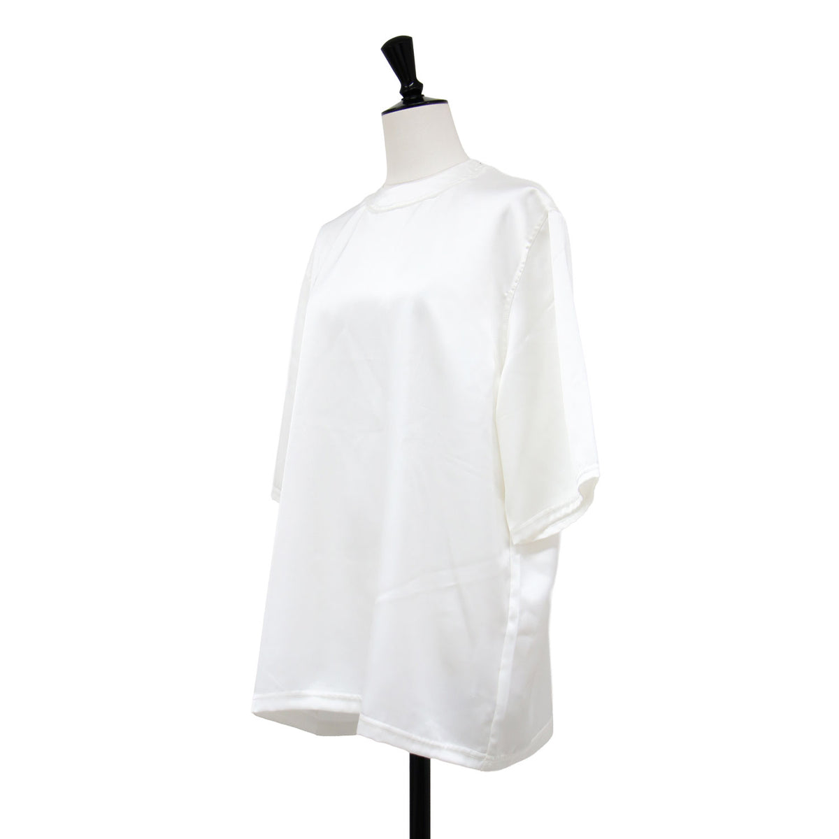 26春夏 サテン Tシャツ / プルオーバー カットソー 五分袖 ミドル丈 クルーネック オーバーサイズ ドロップショルダー 光沢感