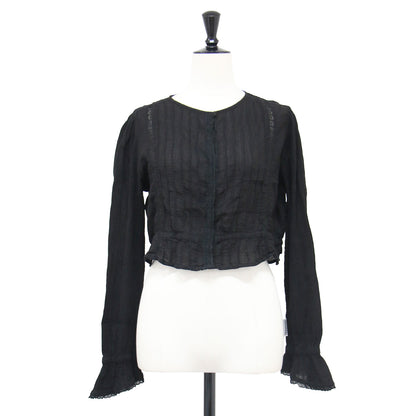 26秋冬 ピンタック ブラウス / pintuck blouse 長袖 クロップド丈 クルーネック フリル レース シアー コットン