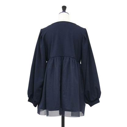 チュール プルオーバー / 長袖 クルーネック チュニック丈 ストレッチ