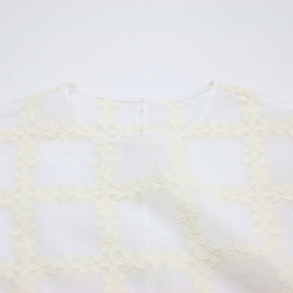 25春夏 クロスフルール ペザントプルオーバー / ブラウス クルーネック 長袖 ボリュームスリーブ シアー フラワーモチーフ 刺繍 ドローコード コットン ウォッシャブル