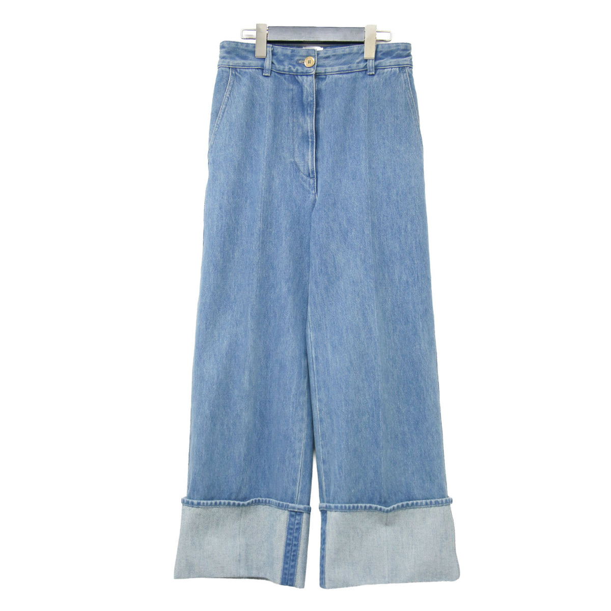 24春夏 アイコニックデニムパンツ / TR003 0008 / クロップド丈 ストレート センタープレス 折り返し メタルボタン コットン ウォッシャブル