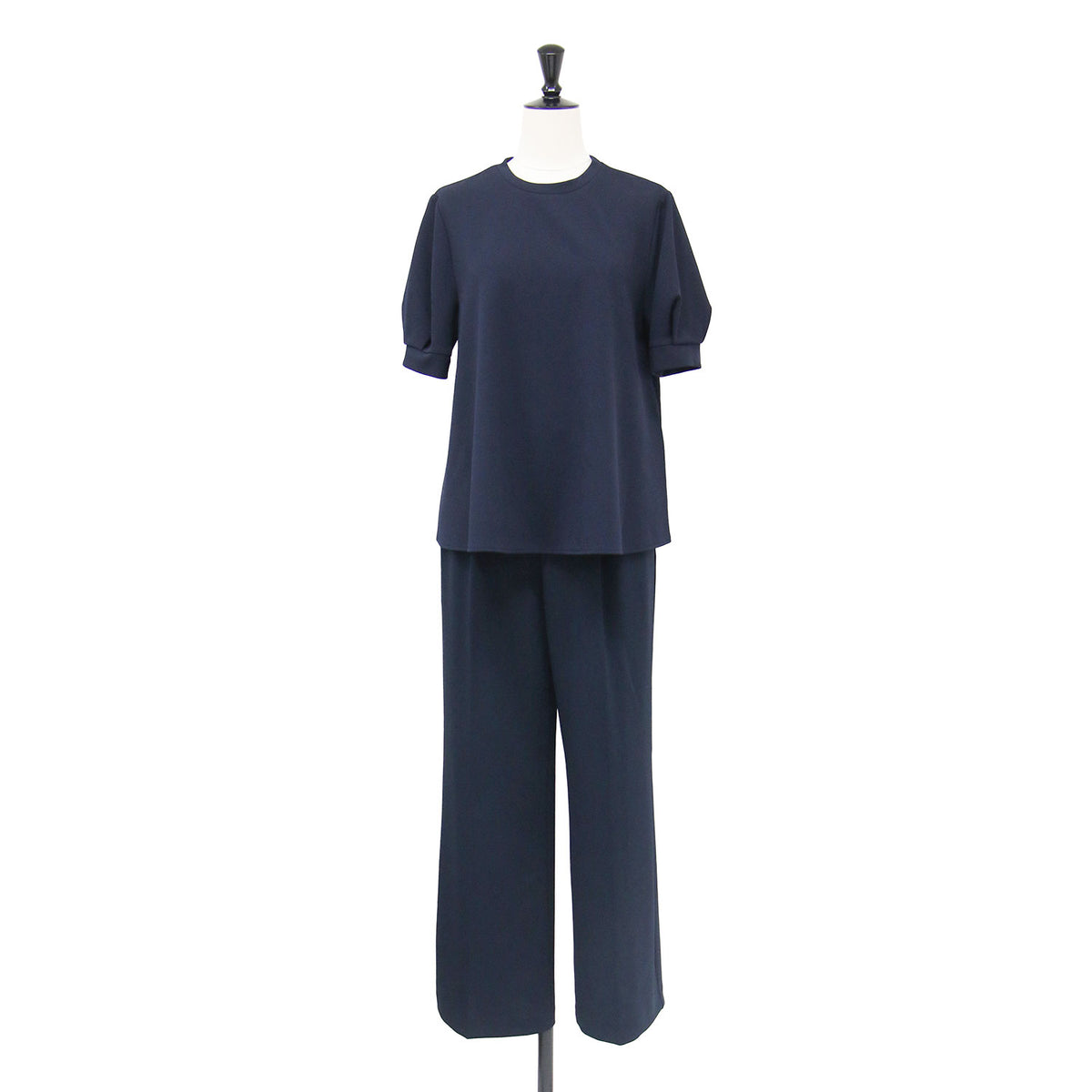 26秋冬 ストレッチジョーゼット ブラウス × パンツ SET / セットアップ 半袖 パフスリーブ クルーネック Aライン ストレート センタープレス イージーケア