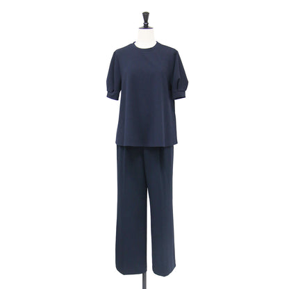 26秋冬 ストレッチジョーゼット ブラウス × パンツ SET / セットアップ 半袖 パフスリーブ クルーネック Aライン ストレート センタープレス イージーケア