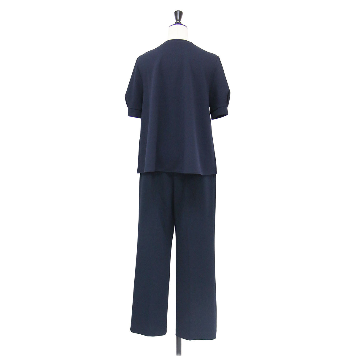 26秋冬 ストレッチジョーゼット ブラウス × パンツ SET / セットアップ 半袖 パフスリーブ クルーネック Aライン ストレート センタープレス イージーケア