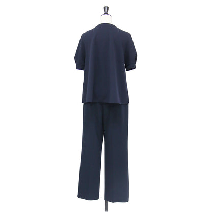 26秋冬 ストレッチジョーゼット ブラウス × パンツ SET / セットアップ 半袖 パフスリーブ クルーネック Aライン ストレート センタープレス イージーケア