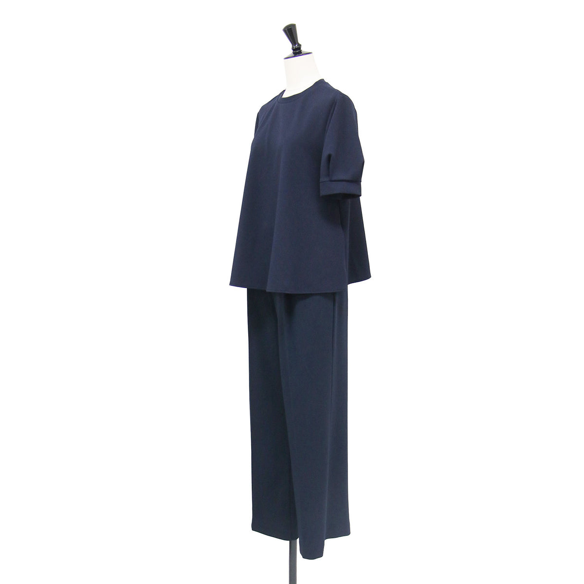 26秋冬 ストレッチジョーゼット ブラウス × パンツ SET / セットアップ 半袖 パフスリーブ クルーネック Aライン ストレート センタープレス イージーケア