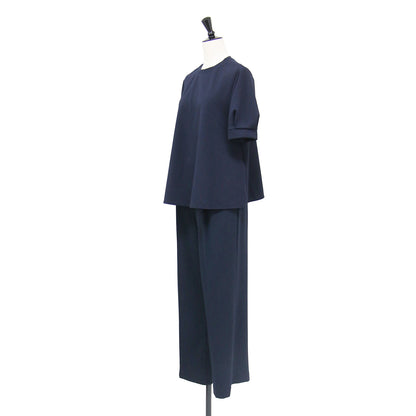 26秋冬 ストレッチジョーゼット ブラウス × パンツ SET / セットアップ 半袖 パフスリーブ クルーネック Aライン ストレート センタープレス イージーケア