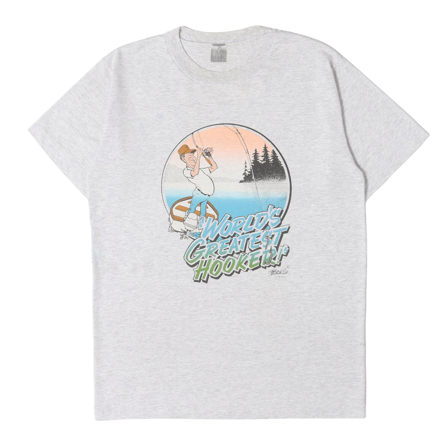 90s フィッシング イラストプリント クルーネック Tシャツ