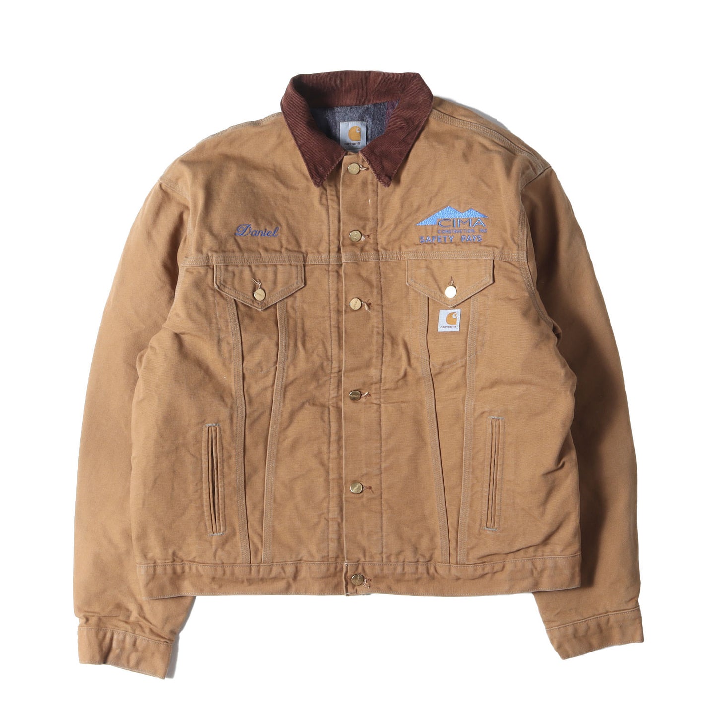 80s 企業ロゴ刺繍 裏ブランケット 襟コーデュロイ ブラウンダック トラッカージャケット / 80年代 USA製