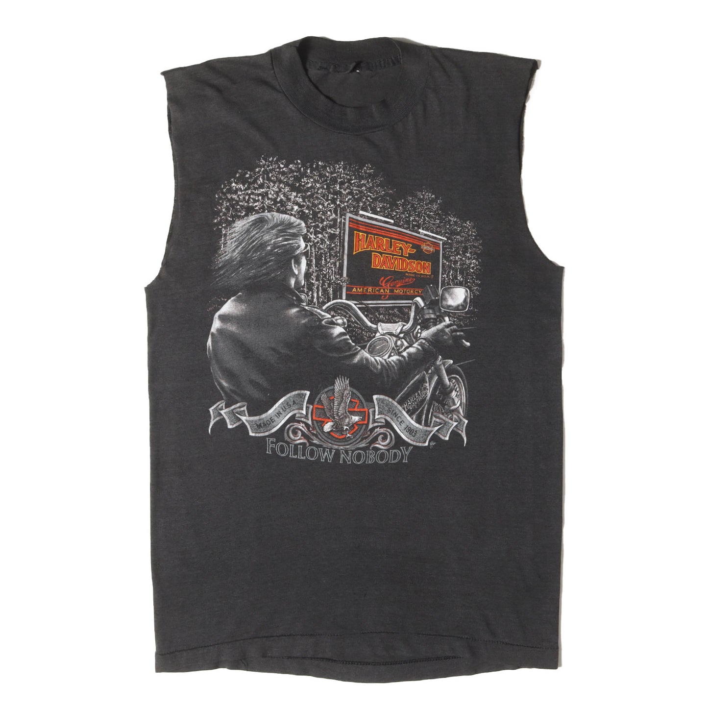 80s 3D EMBLEM バイカー ショップロゴ 両面プリント カットオフ Tシャツ / USA製 3Dエンブレム
