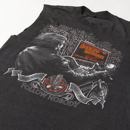 80s 3D EMBLEM バイカー ショップロゴ 両面プリント カットオフ Tシャツ / USA製 3Dエンブレム